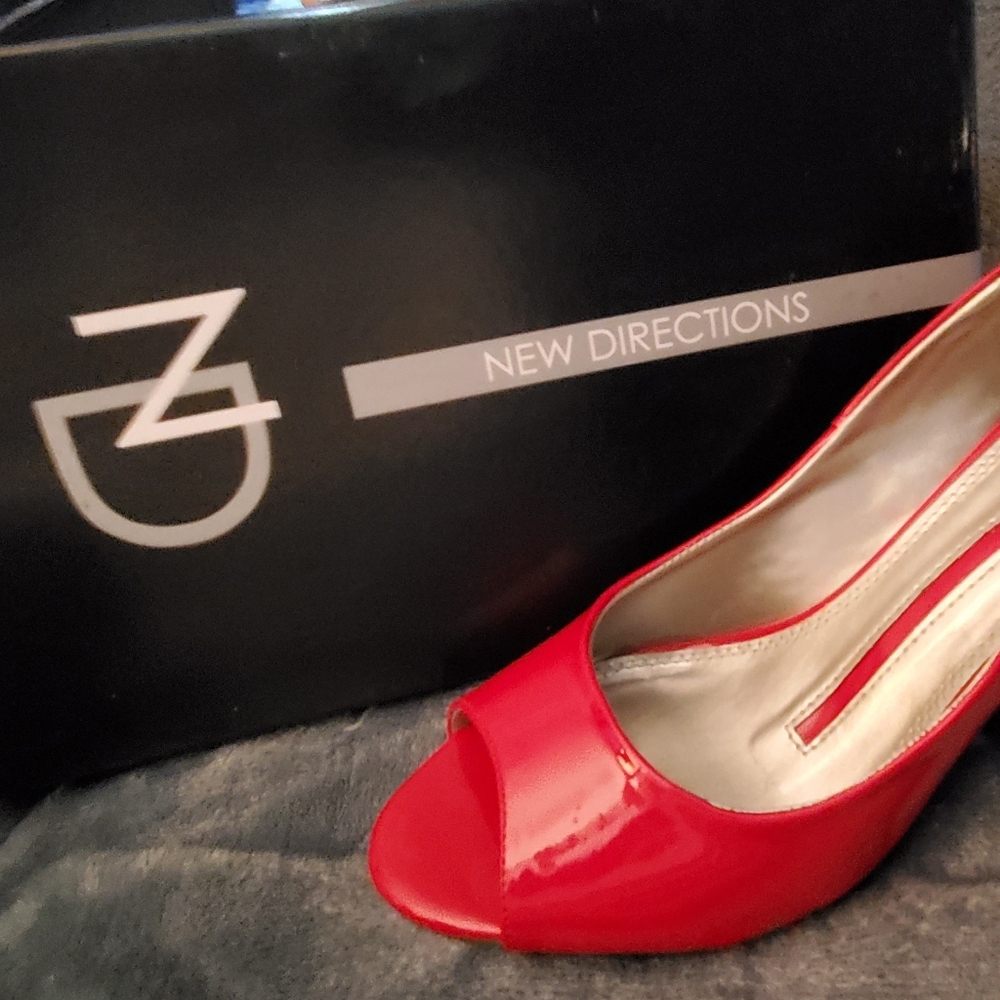 Red open toe pumps with box.  Worn once to a wedding.